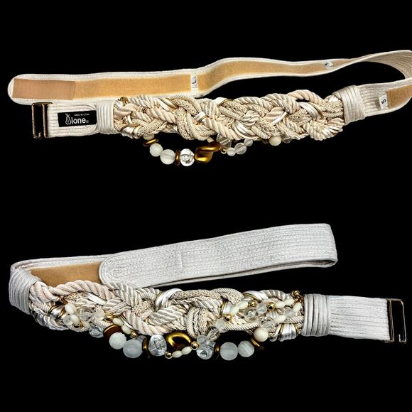 Vintage 80s Ivory Braided Rope Beaded Belt | Gold & Clear Statement Waist Cinch main image 8